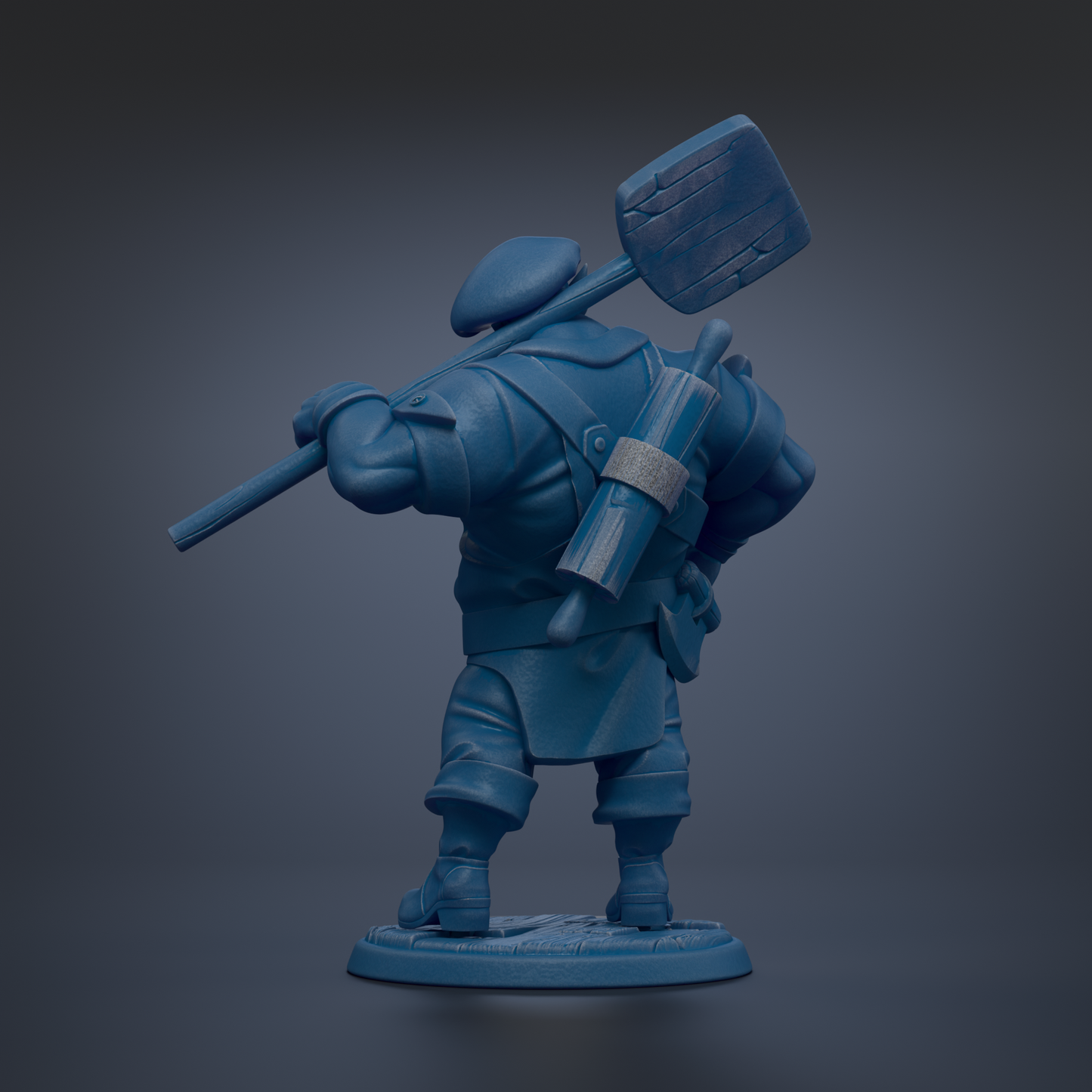 A blue toy figurine of a person holding a large object, possibly a tool or weapon, in their hands.