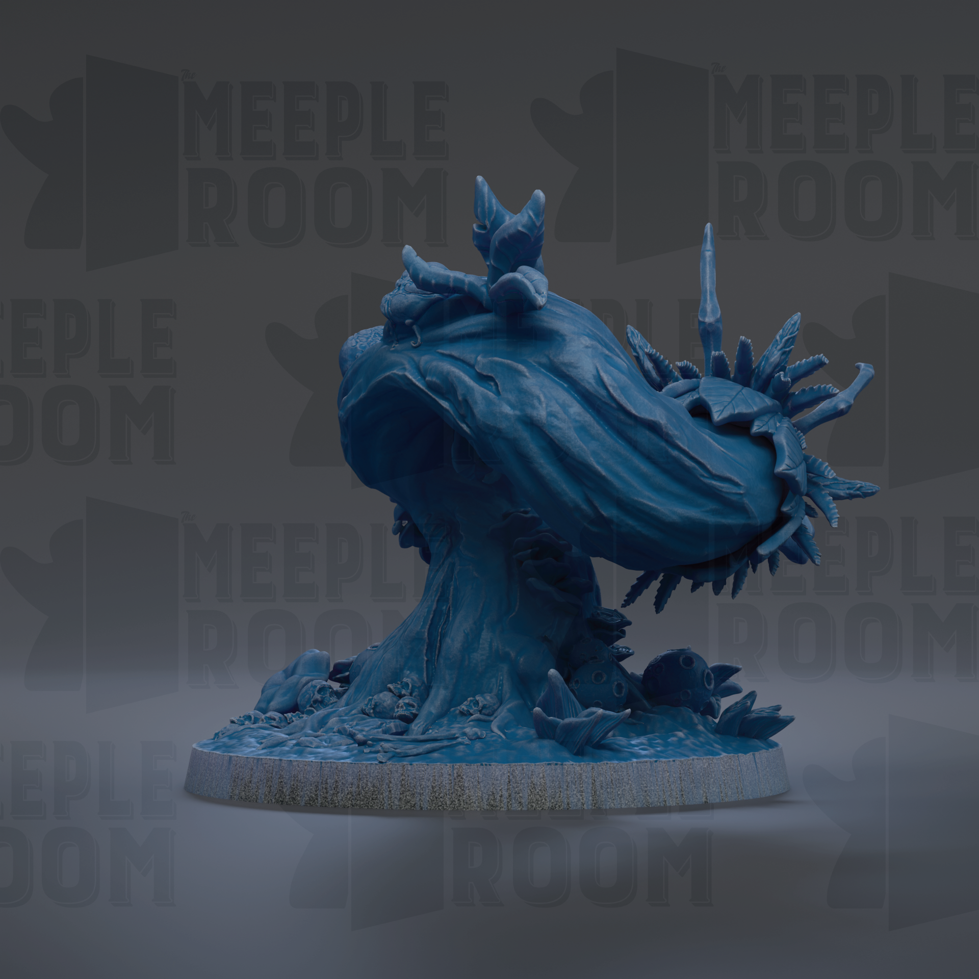 a blue, abstract sculpture with a textured, organic shape resembling a wave or sea creature.
