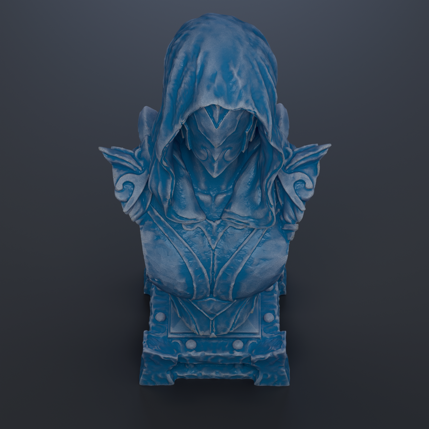 A blue, hooded statue of a figure with intricate details and a hooded cloak.