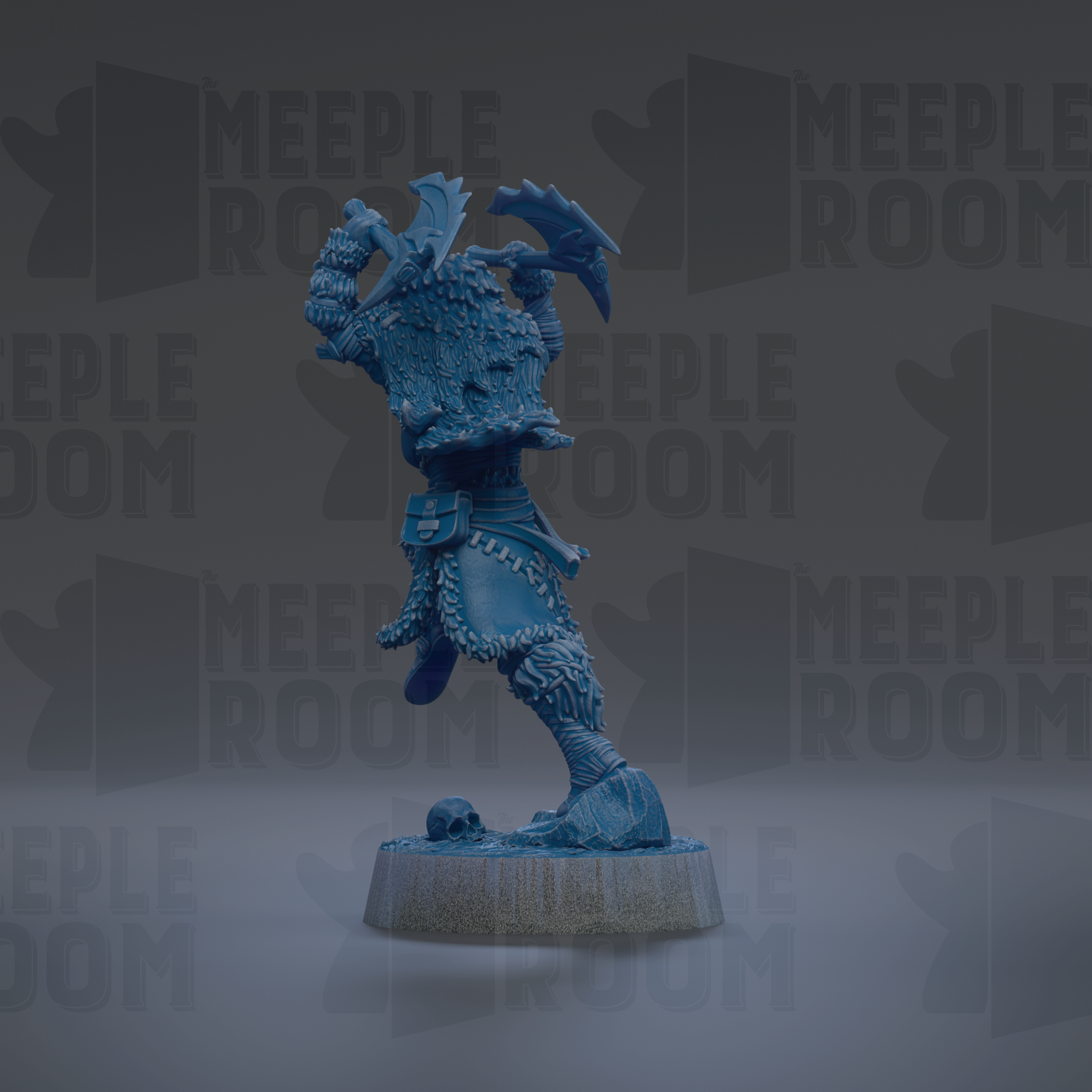 A blue figurine of a warrior-like character with a skull on its feet, standing on a base.