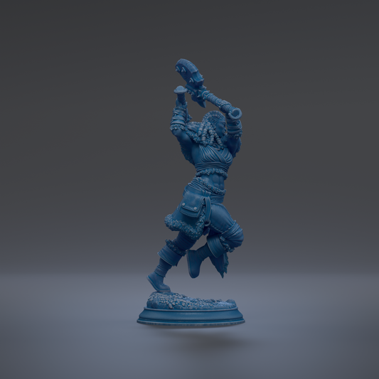 A blue figurine of a warrior-like figure, possibly a character from a fantasy or adventure game, is depicted in a dynamic pose, holding a weapon and standing on a platform.