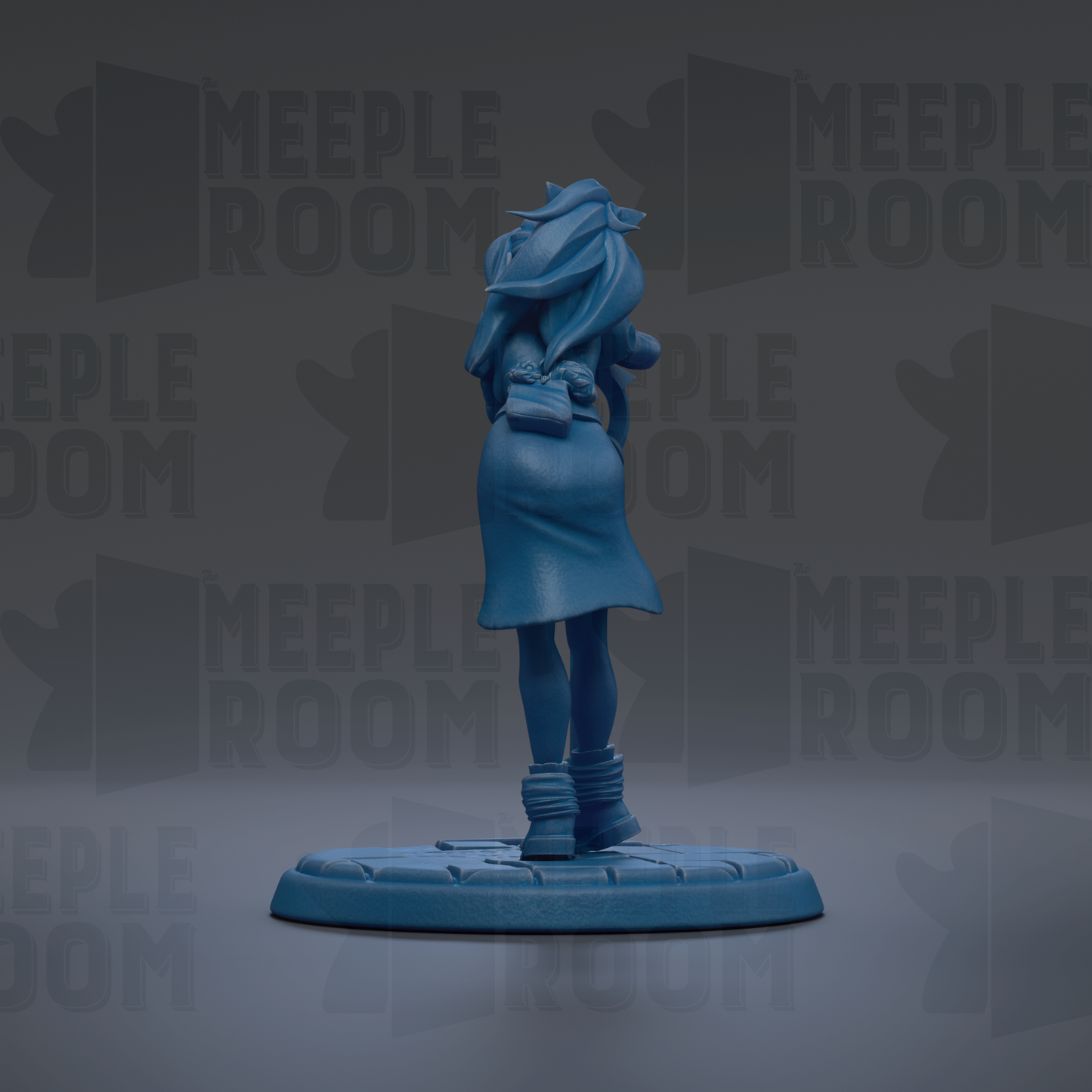 A blue figurine of a person standing on a platform against a dark background with repeated text.