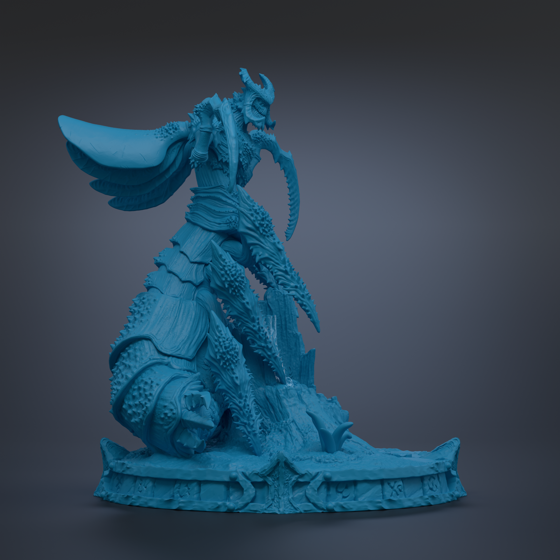 A detailed 3D model of a fantastical creature, possibly a dragon or serpent, with intricate textures and patterns. The creature is standing on a platform with a raised edge, giving it a majestic and imposing appearance. The image does not contain any text or other discernible objects, and the creature is the sole focus of the image.
