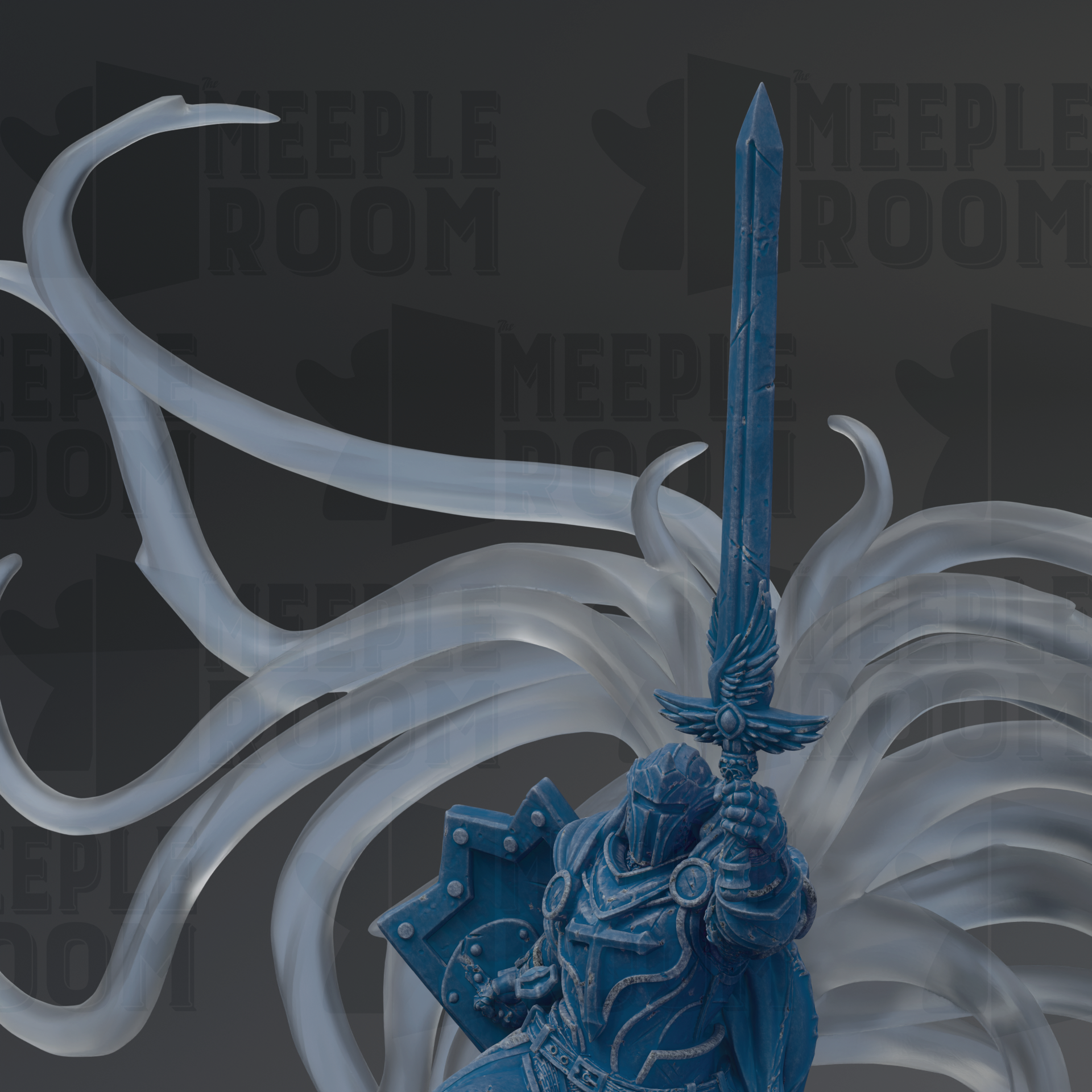 A blue armored knight holding a sword stands in front of a dark background with the text "MEEPLE ROOM" repeated multiple times.