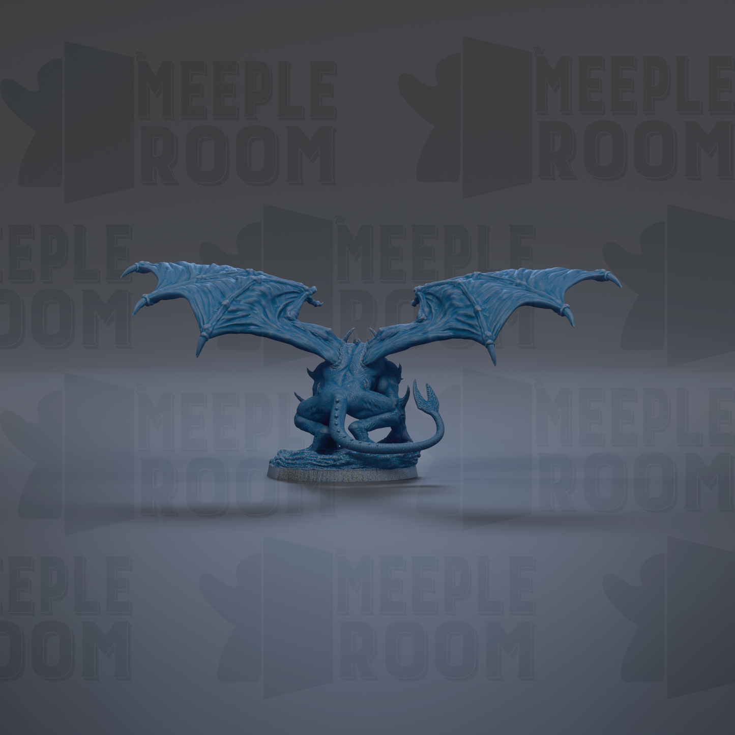 A blue dragon figurine with wings spread, sitting on a base, against a dark background with repeated text.