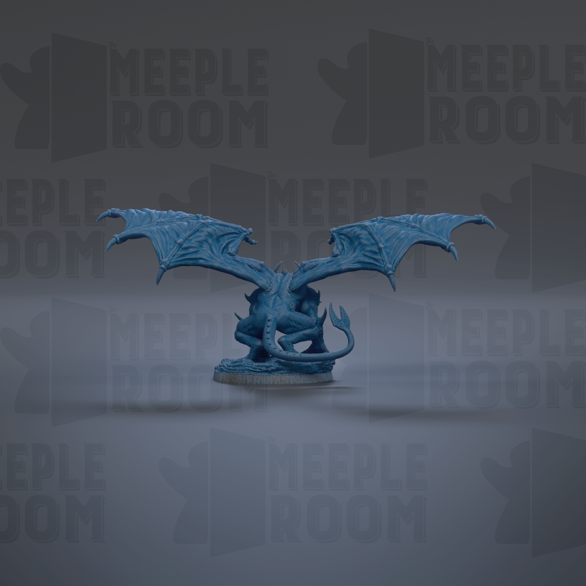 A blue dragon figurine with wings spread, sitting on a base, against a dark background with repeated text.