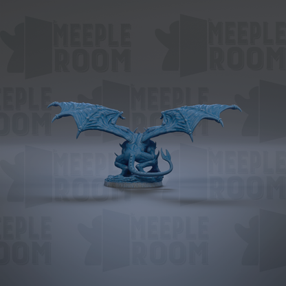 A blue dragon figurine with wings spread, sitting on a base, against a dark background with repeated text.
