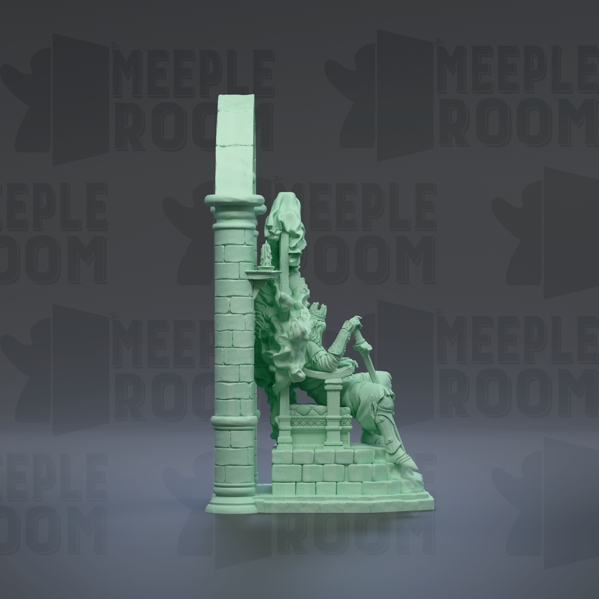 A green statue of a person sitting on a pedestal, with a tall column next to it, against a dark background with repeated text.