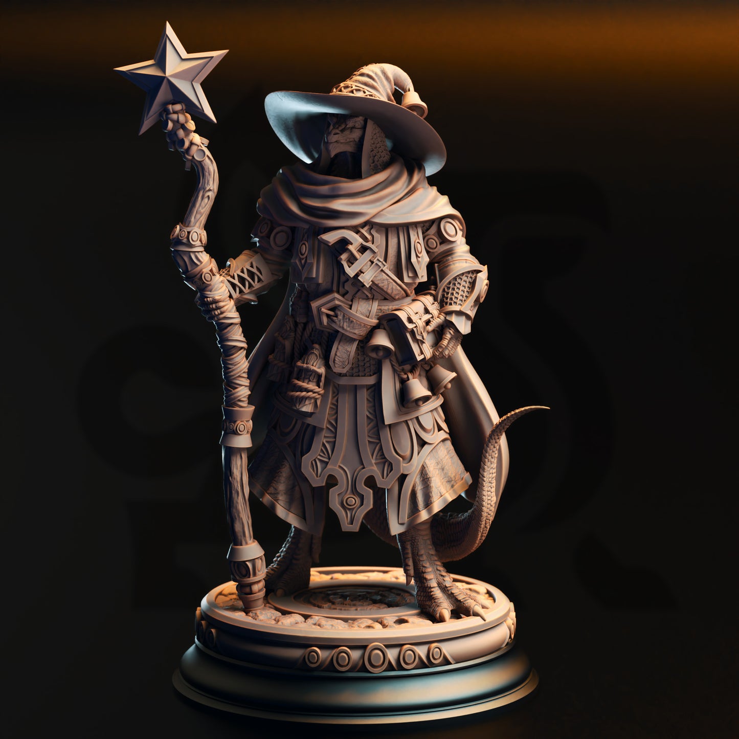 A detailed 3D rendering of a wizard or magical figure holding a star-shaped object and wearing a hat with a pointed brim.