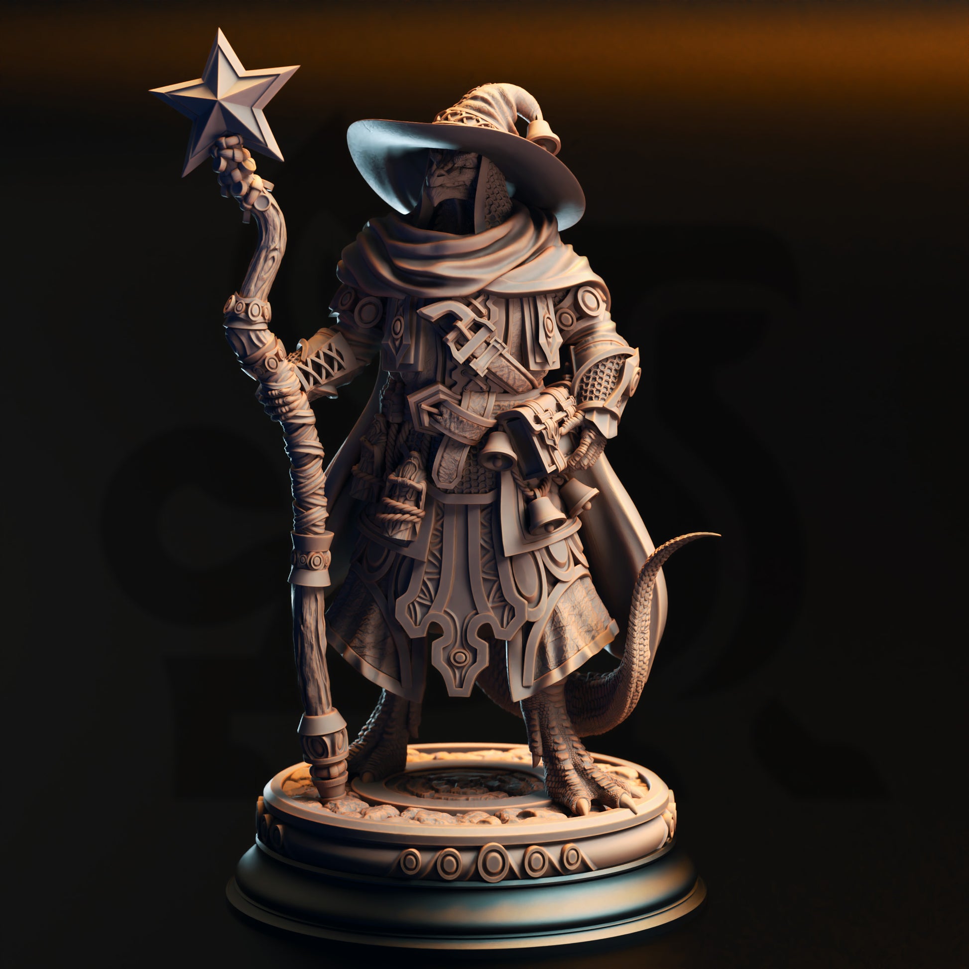A detailed 3D rendering of a wizard or magical figure holding a star-shaped object and wearing a hat with a pointed brim.