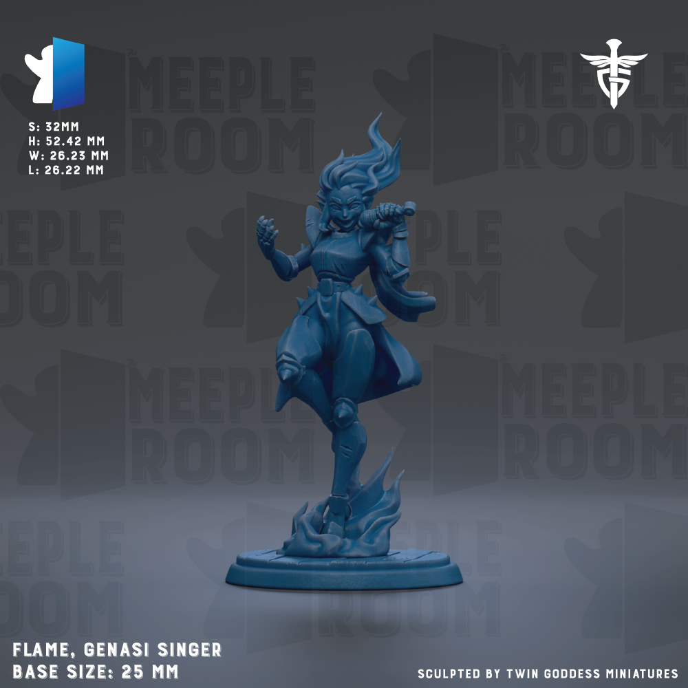 a blue statue of a female character with flames emanating from her feet, standing on a base. The statue is described as a "Flame, Genasi Singer" and is "Base Size: 25mm".