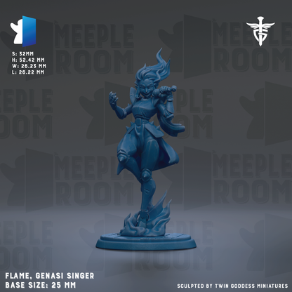 a blue statue of a female character with flames emanating from her feet, standing on a base. The statue is described as a "Flame, Genasi Singer" and is "Base Size: 25mm".