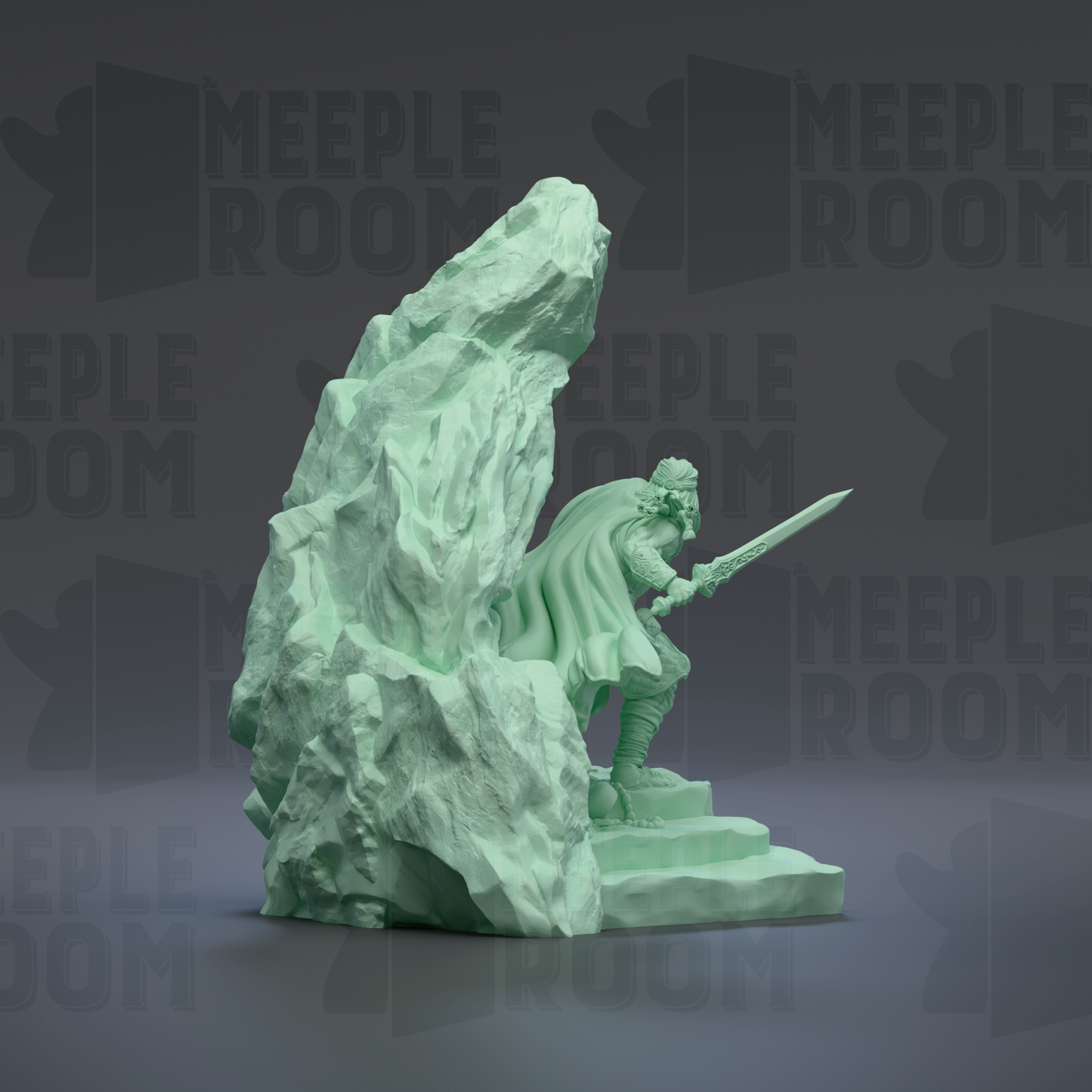 A green statue of a person holding a sword and standing on a rock formation.