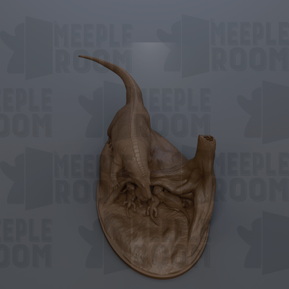 a 3D rendering of a dinosaur statue, specifically a Velociraptor, on a pedestal.