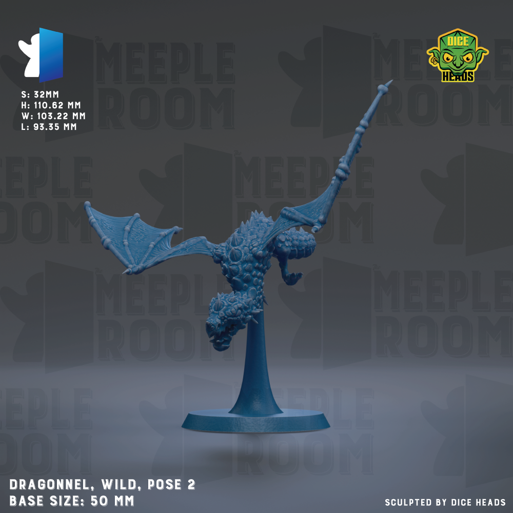 a blue dragon figurine posed on a stand, with wings spread out. The dragon appears to be a wild, pose-2 character. The base size of the figurine is 50mm. The image is a collage of multiple images, and it is not a description of each individual image. The phrase "Dragonnetl, Wild, Pose 2" is visible, indicating the pose and base size of the figurine.