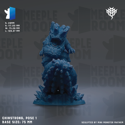 a blue figurine of a monster-like creature, possibly a monster or a dragon, posed on a base. The figurine is described as having a base size of 75 millimeters and is sculpted by Mini Monster Mayhem.