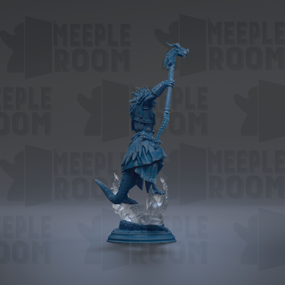 A blue figurine of a dragon-like creature with a long pole in its hand, standing on a pedestal against a dark background with repeated text.