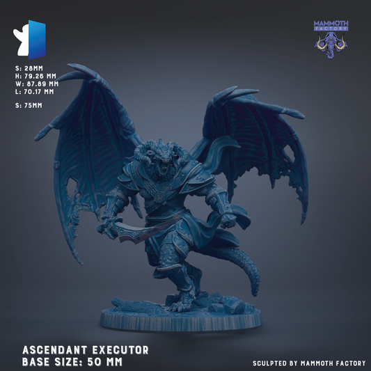 a blue dragon-like creature with wings and a sword, standing on a base. The creature is shown in a dynamic pose, with its wings spread wide. The base size of the statue is 50 millimeters. The statue is sculpted by Mammoth Factory.