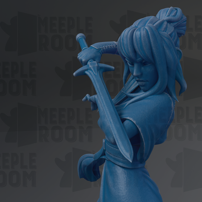 A blue figurine of a woman holding a sword, with the text "MEUPLE ROOM" repeated in the background.