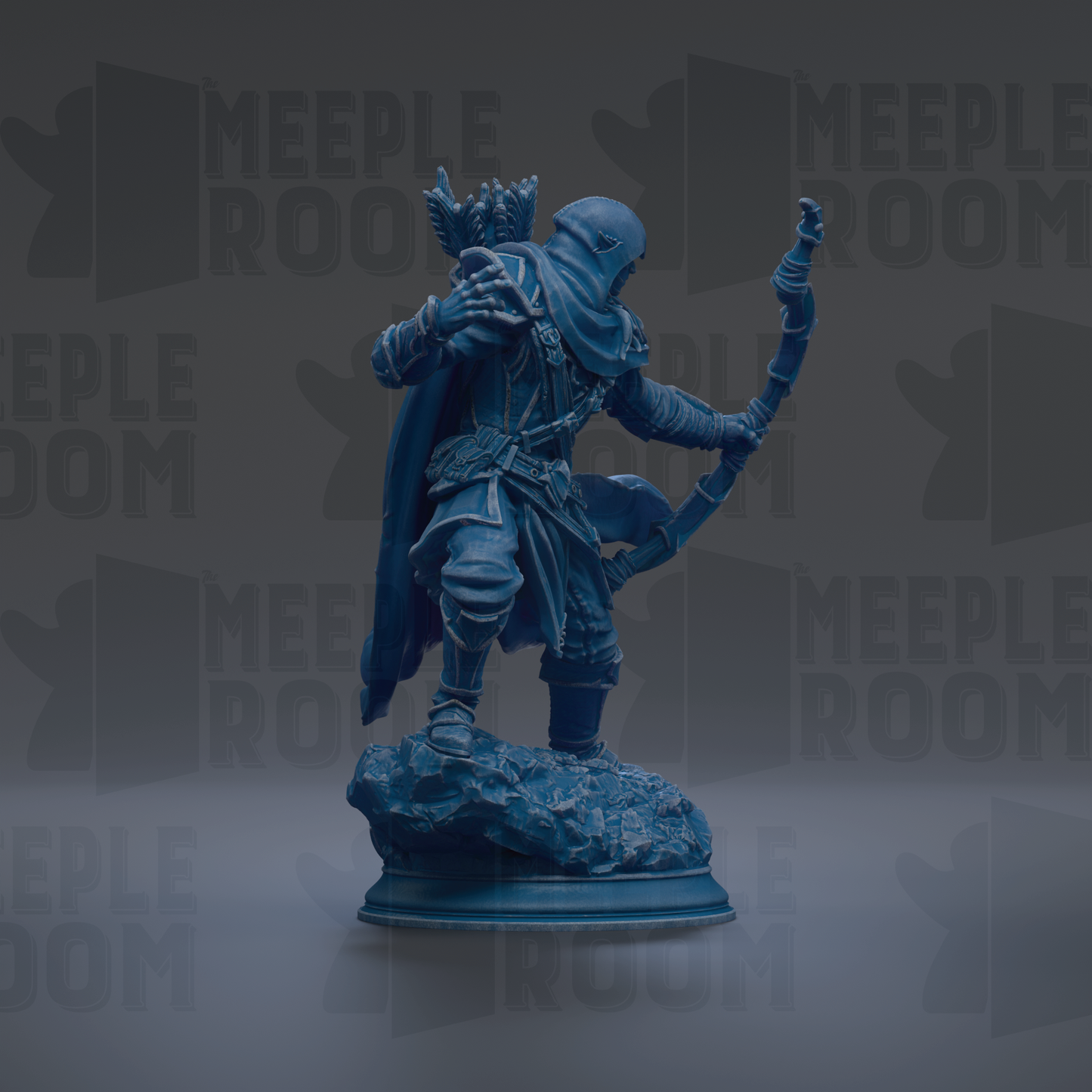 A blue figurine of a warrior standing on a rock, holding a bow and arrow, against a dark background with repeated text.