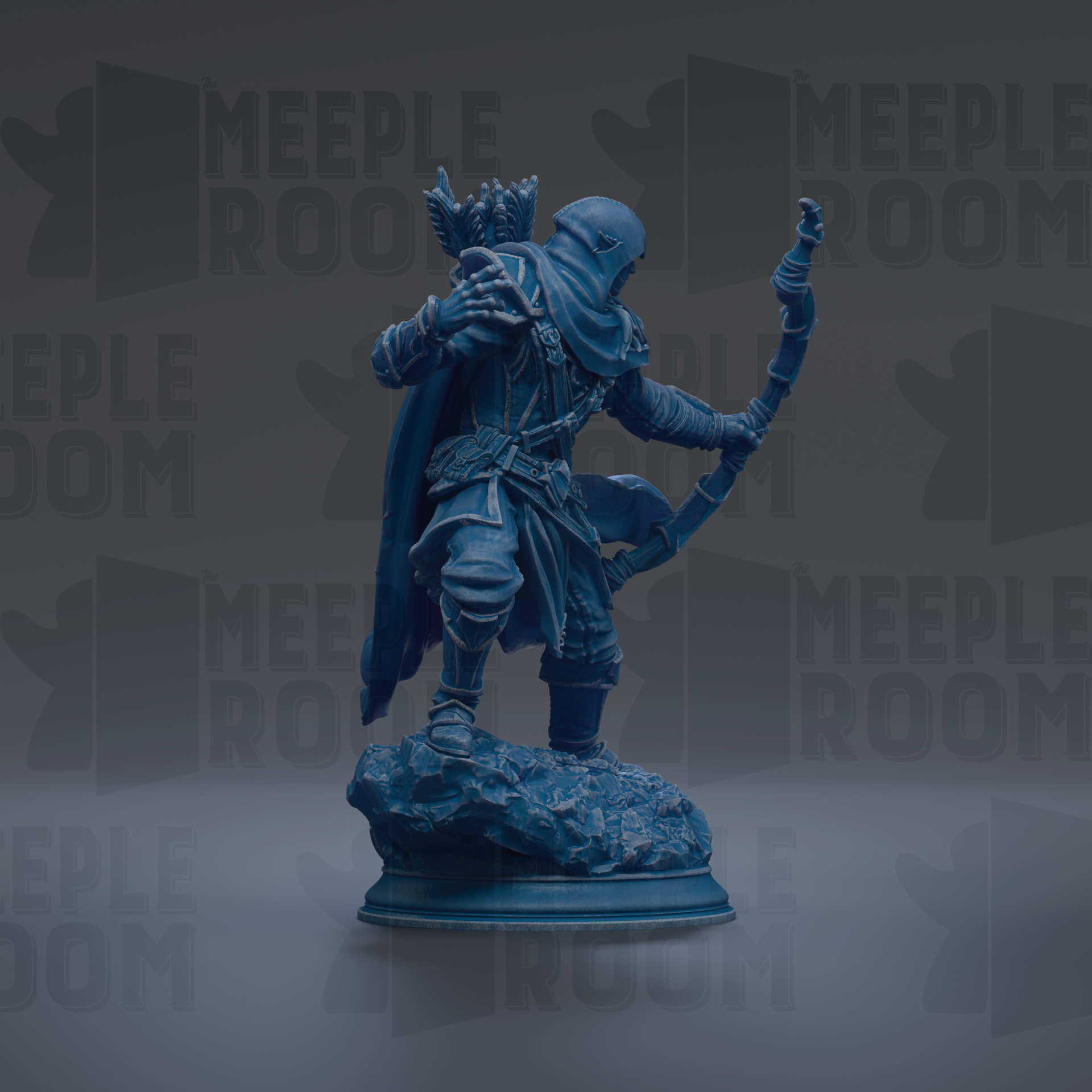 A blue figurine of a warrior standing on a rock, holding a bow and arrow, against a dark background with repeated text.
