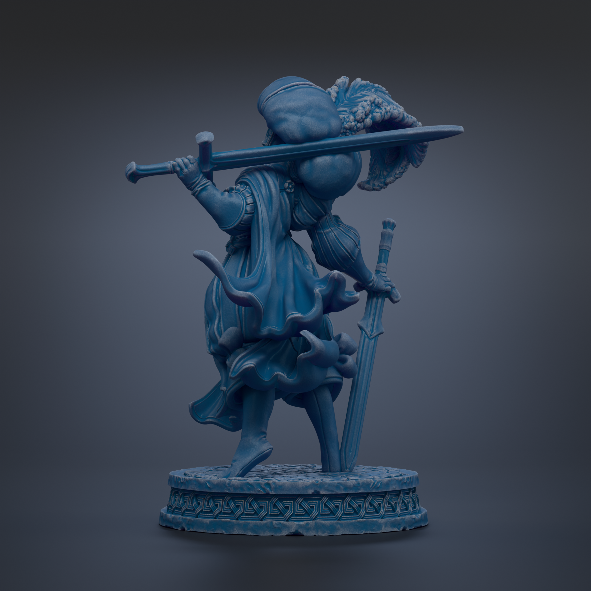 A blue statue of a knight holding a sword and shield, standing on a pedestal.
