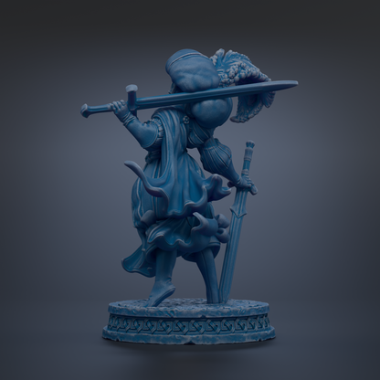 A blue statue of a knight holding a sword and shield, standing on a pedestal.