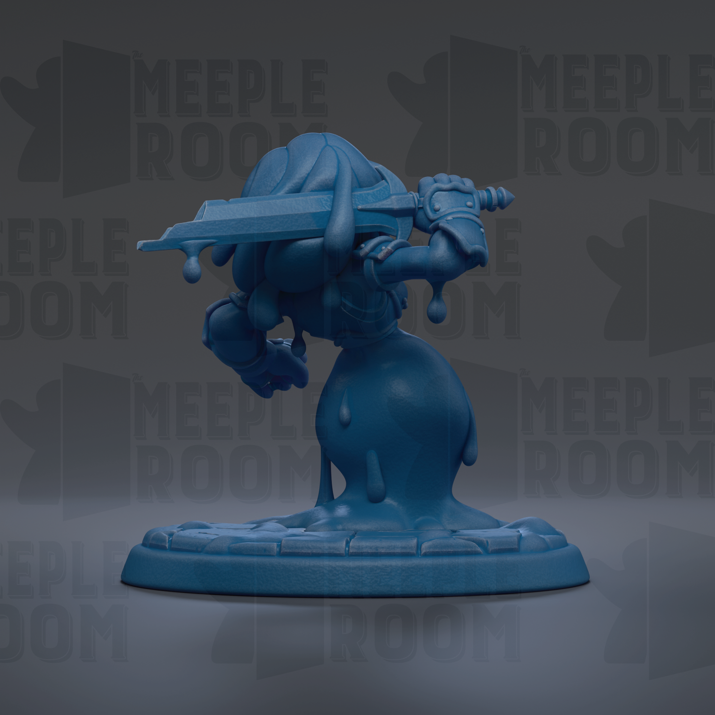 A blue, liquid-like figurine with a sword in its hand, standing on a base.
