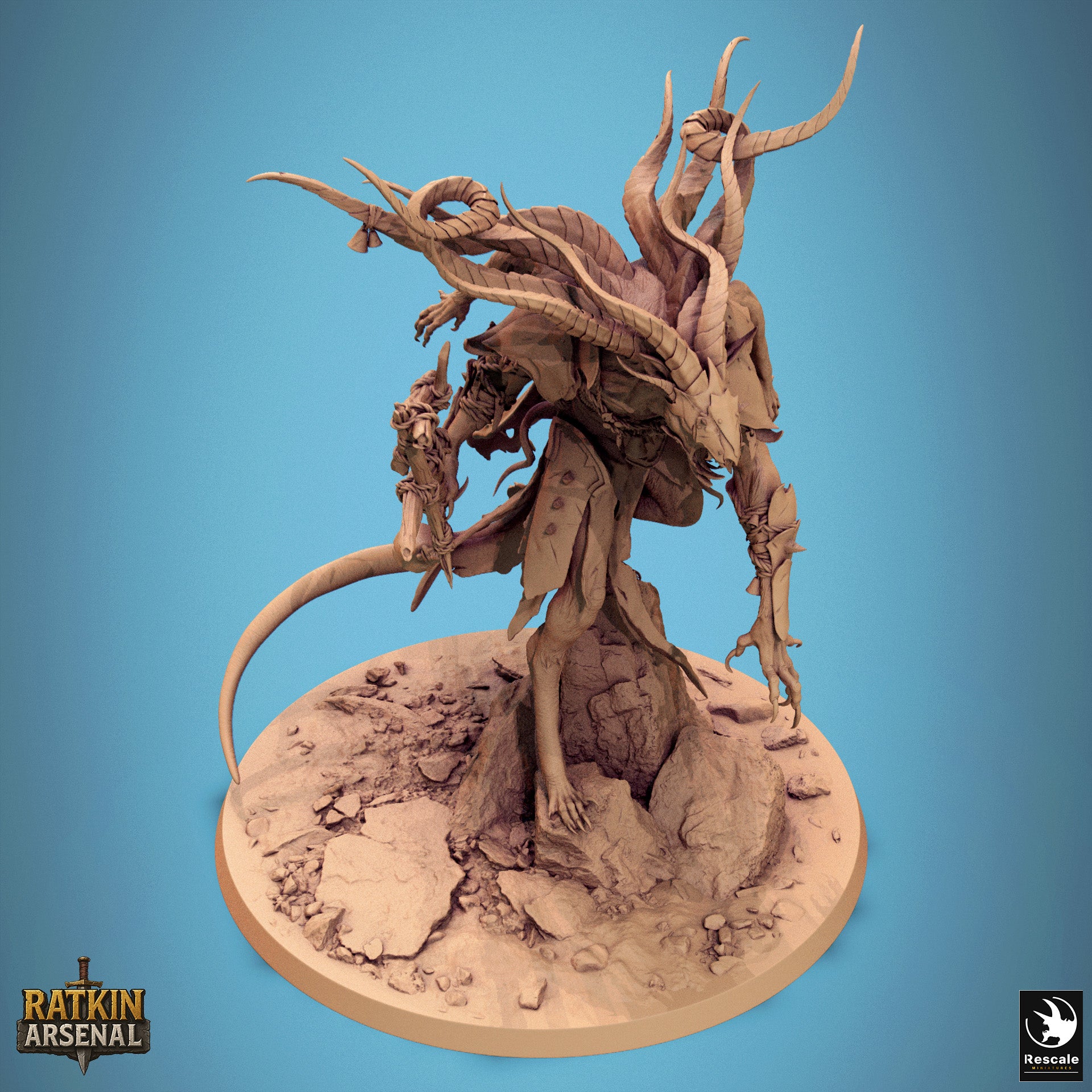 a detailed, intricate sculpture of a fantastical creature with multiple arms and legs, standing on a rocky base.