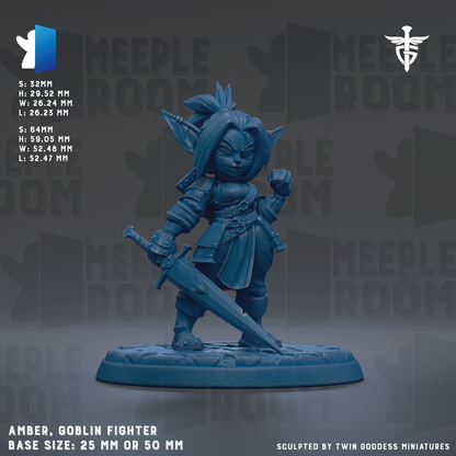 The image is a figurine of a blue-colored character, likely a goblin fighter, with a sword in its hand. The figurine is set against a dark background with the text "MEPLE ROOM" repeated multiple times. The figurine is described as a "BASE SIZE: 25mm OR 50mm" and is sculpted by "TWIN GODESS MINUTES".