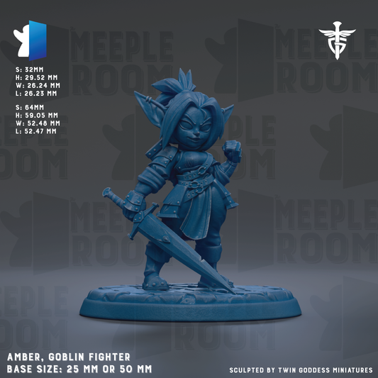 The image is a figurine of a blue-colored character, likely a goblin fighter, with a sword in its hand. The figurine is set against a dark background with the text "MEPLE ROOM" repeated multiple times. The figurine is described as a "BASE SIZE: 25mm OR 50mm" and is sculpted by "TWIN GODESS MINUTES".