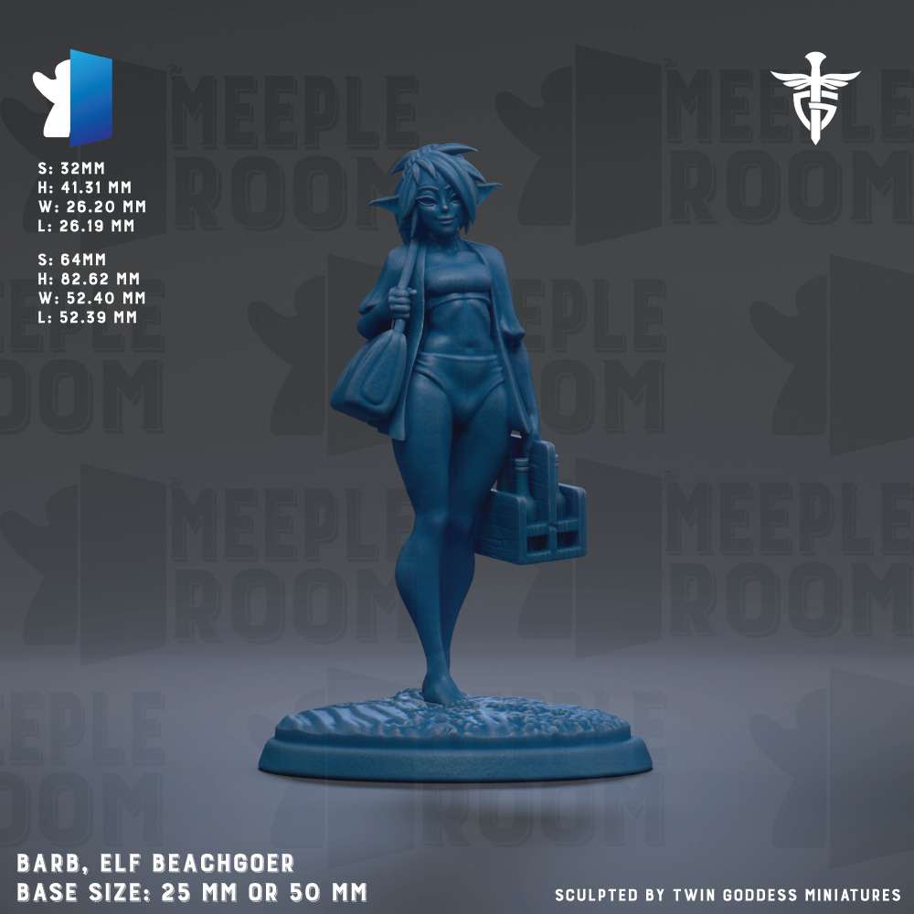 A figurine of a woman in a bathing suit, standing on a beach-themed base. The figurine is described as a "Barb, Elf Beachgoer" and is shown in a size of 25mm or 50mm. The background of the image is a repeating pattern of the word "MEPLE ROOM".