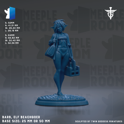 A figurine of a woman in a bathing suit, standing on a beach-themed base. The figurine is described as a "Barb, Elf Beachgoer" and is shown in a size of 25mm or 50mm. The background of the image is a repeating pattern of the word "MEPLE ROOM".