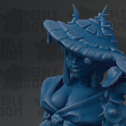 A close-up of a blue, sculpted statue of a woman with a large hat and a flowing robe, set against a dark background with repeated text.