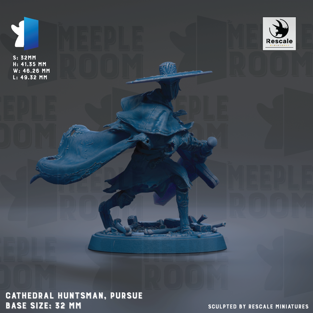 A figurine of a character named Cathedral Huntsman, who is described as a pursuit-themed character, is shown against a dark background. The figurine is in a dynamic pose, with its cape billowing and sword held high. The base size of the figurine is 32mm.