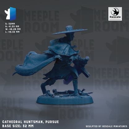 A figurine of a character named Cathedral Huntsman, who is described as a pursuit-themed character, is shown against a dark background. The figurine is in a dynamic pose, with its cape billowing and sword held high. The base size of the figurine is 32mm.