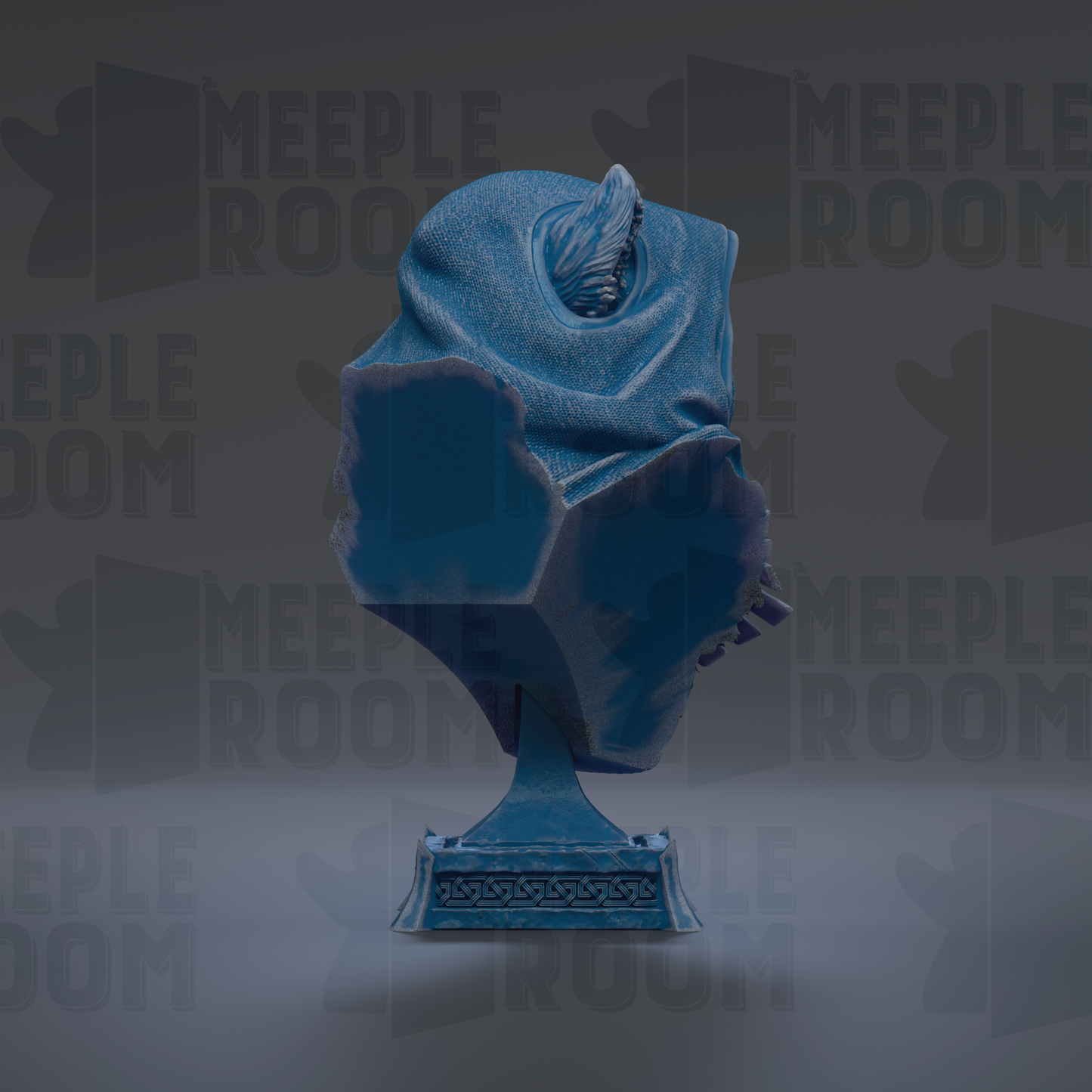 A blue bust sculpture is displayed against a dark background with repeated text.