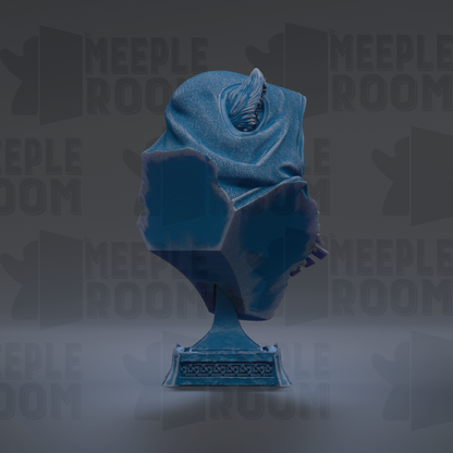 A blue bust sculpture is displayed against a dark background with repeated text.