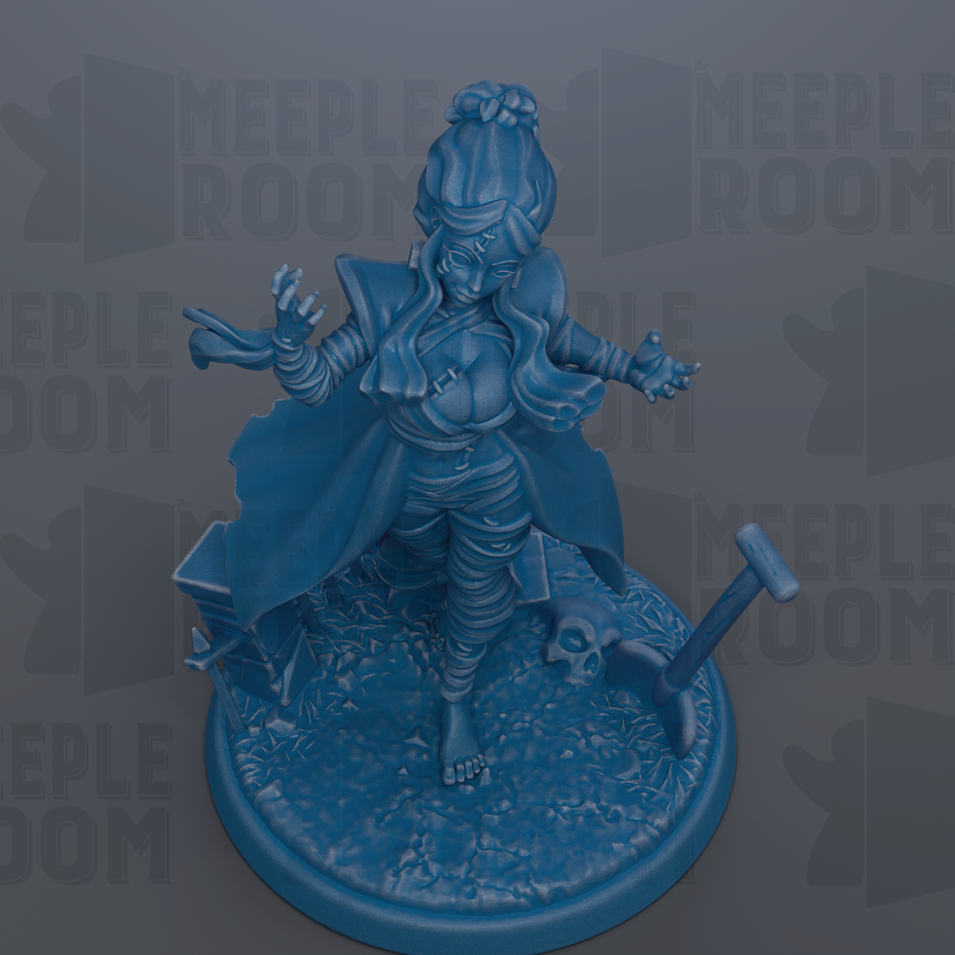 A blue figurine of a woman with long hair and a flowing cape, standing on a base with a skull and a broken sword.