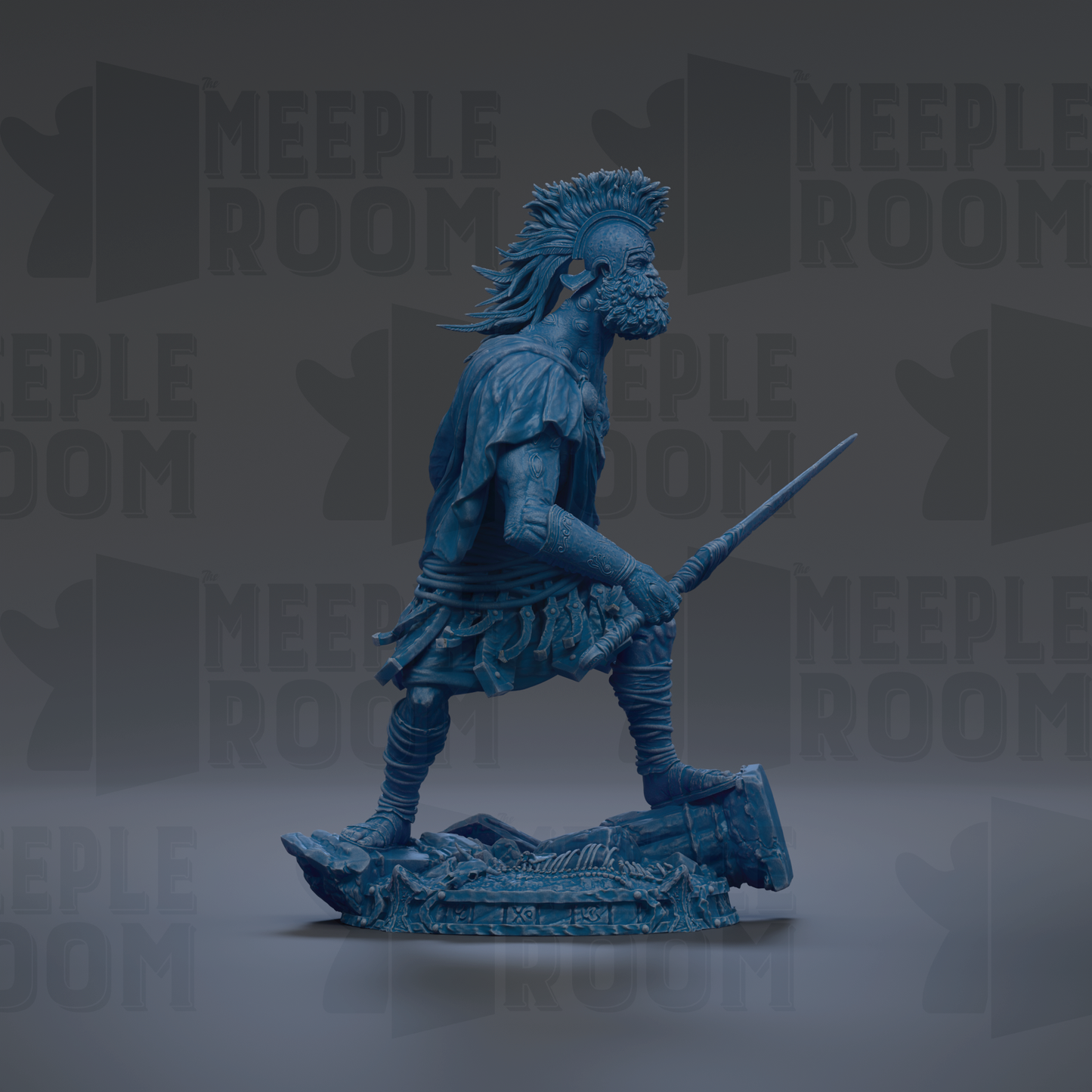 A blue statue of a warrior figure holding a sword and shield, standing on a platform against a dark background with repeated text.