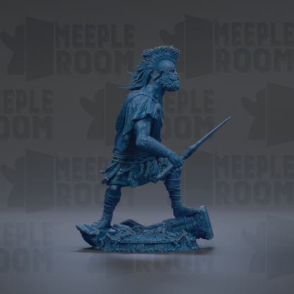 A blue statue of a warrior figure holding a sword and shield, standing on a platform against a dark background with repeated text.