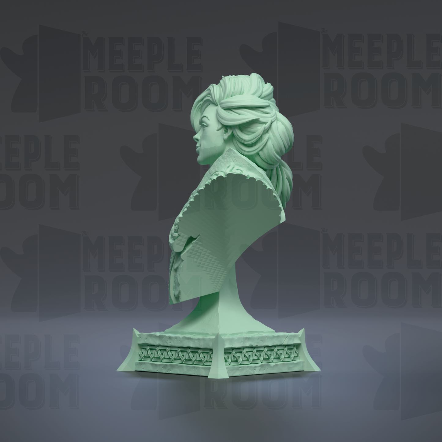 A green bust sculpture is displayed against a dark background with repeated text.