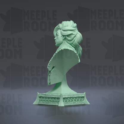 A green bust sculpture is displayed against a dark background with repeated text.