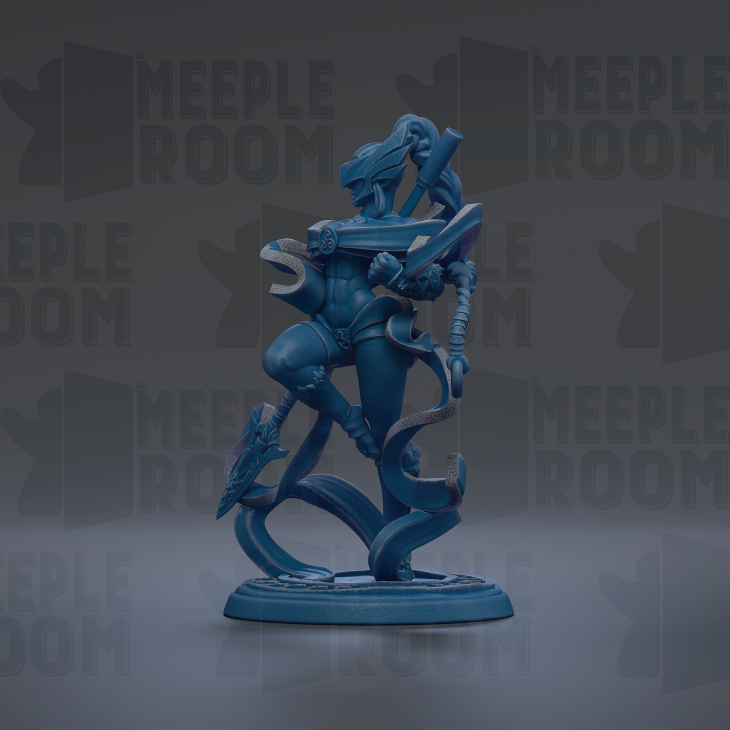 A blue figurine of a person holding a sword and shield, standing on a base and surrounded by a dark background with repeated text.