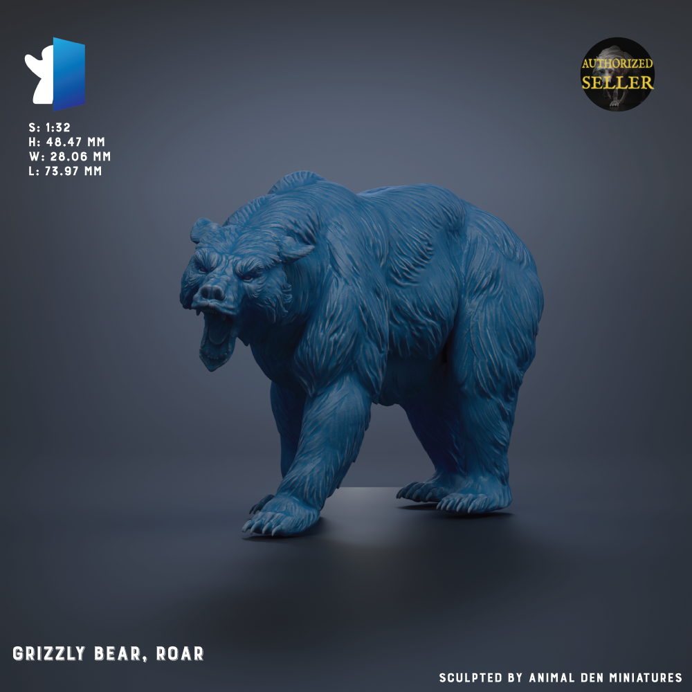 A 3D rendering of a blue grizzly bear figurine, with the text "Grizzly Bear, Roar" and "Sized: 1:32 H: 48.47 MM W: 63.06 MM L: 75.07 MM" indicating the dimensions and material of the sculpture.