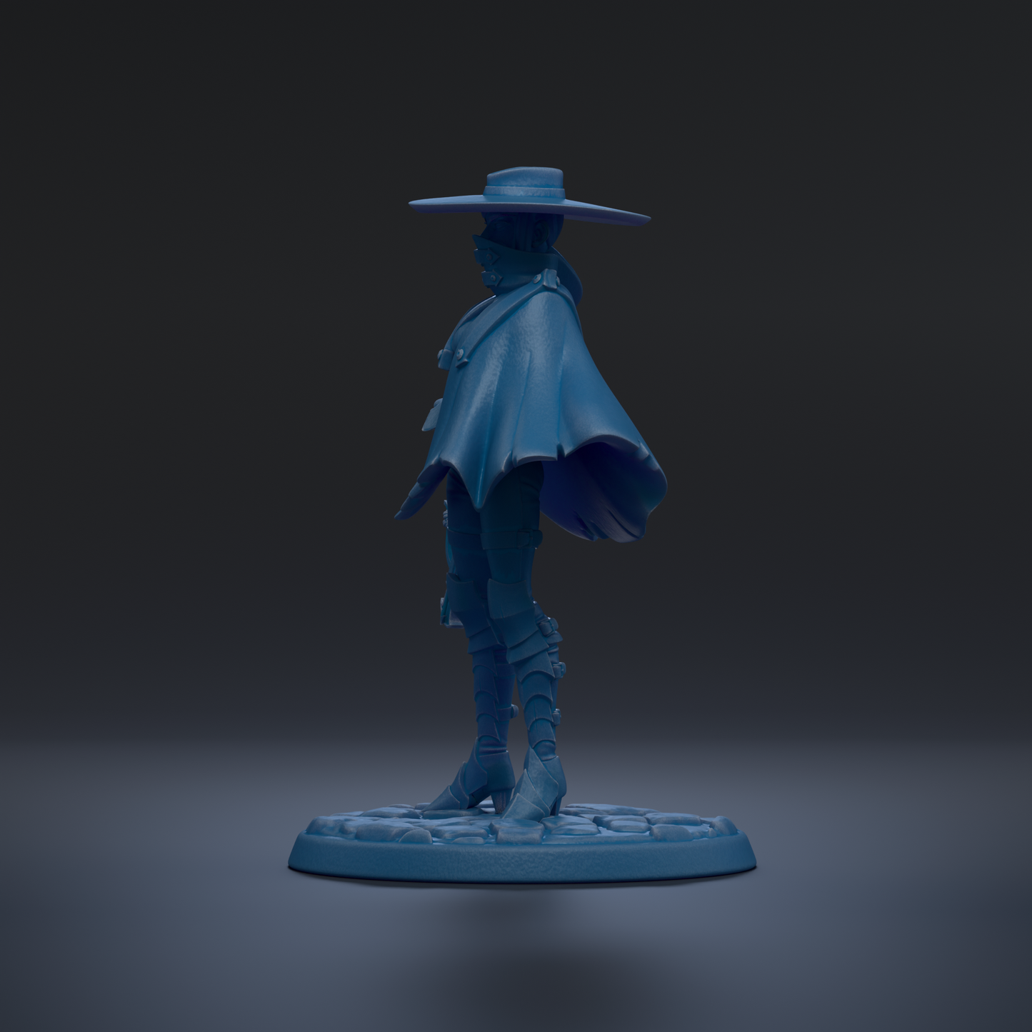 A blue figurine of a person wearing a hat and standing on a base.