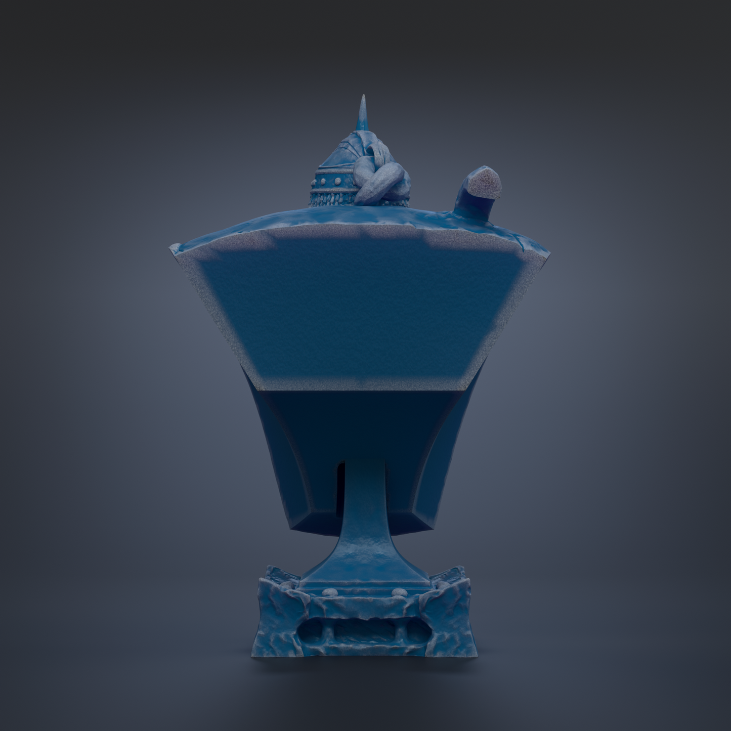 A blue, three-dimensional object with a pointed top and a small, round object on top, set against a dark background.