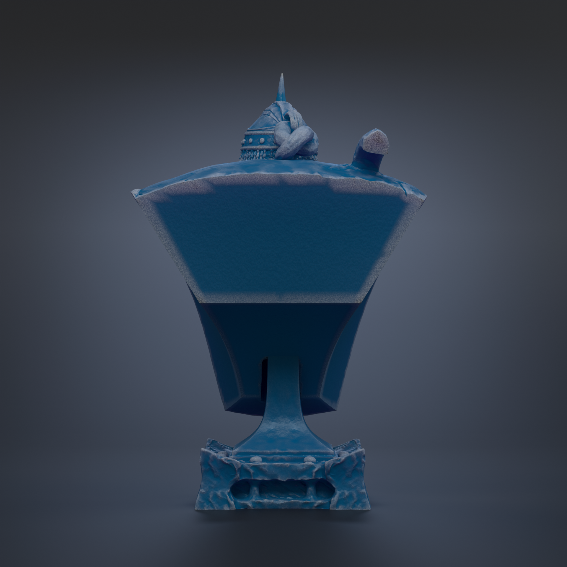 A blue, three-dimensional object with a pointed top and a small, round object on top, set against a dark background.