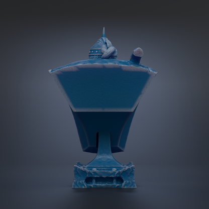 A blue, three-dimensional object with a pointed top and a small, round object on top, set against a dark background.