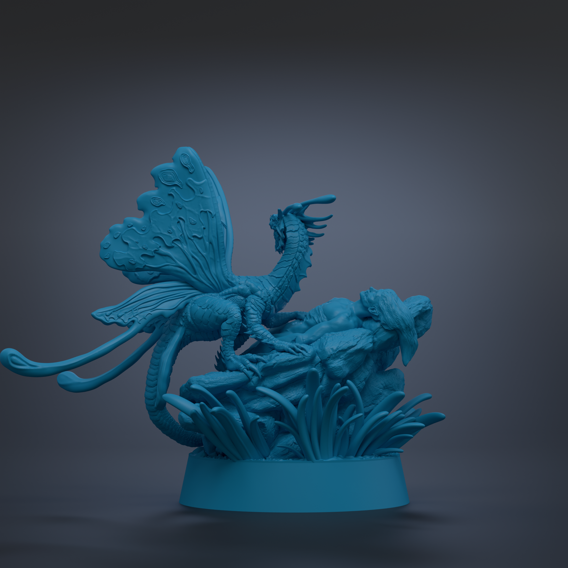 A blue dragon statue with wings spread, perched on a rock formation with plants.